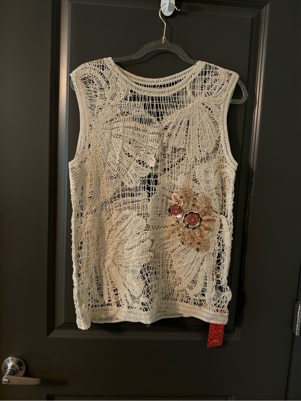 Cream Crochet Sleeveless Top with Floral Sequin Applique